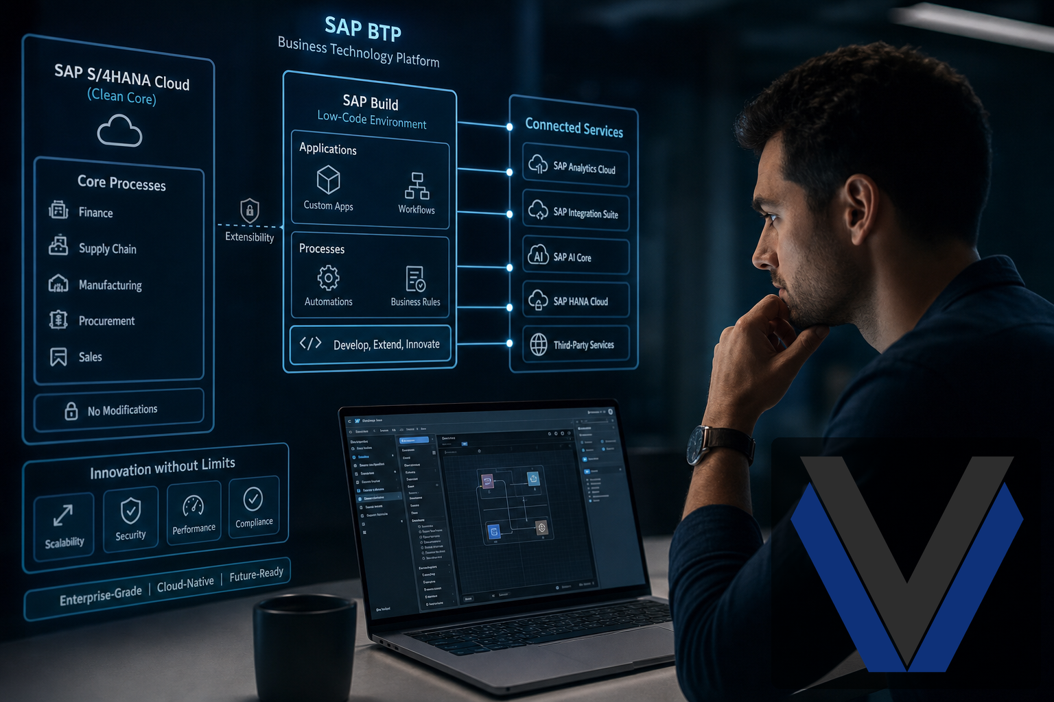SAP Build BTP — desenvolvedor criando extensão low-code para SAP S/4HANA